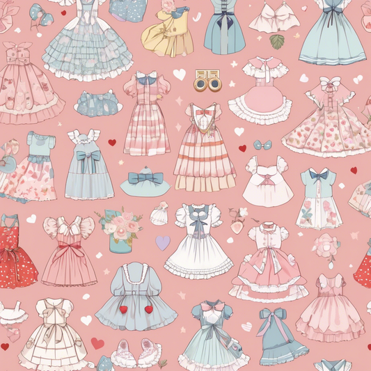 Illustrated kawaii dresses in pastel colors with bows, florals, and heart motifs on a pink background, embodying cute fashion for 2023.