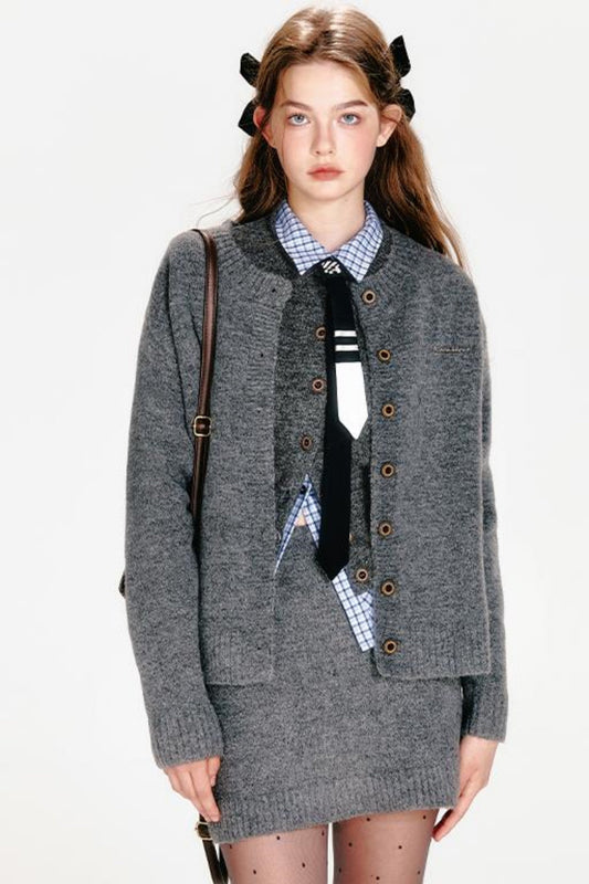 ベストジップニット+スカートシックカーディガンタイト