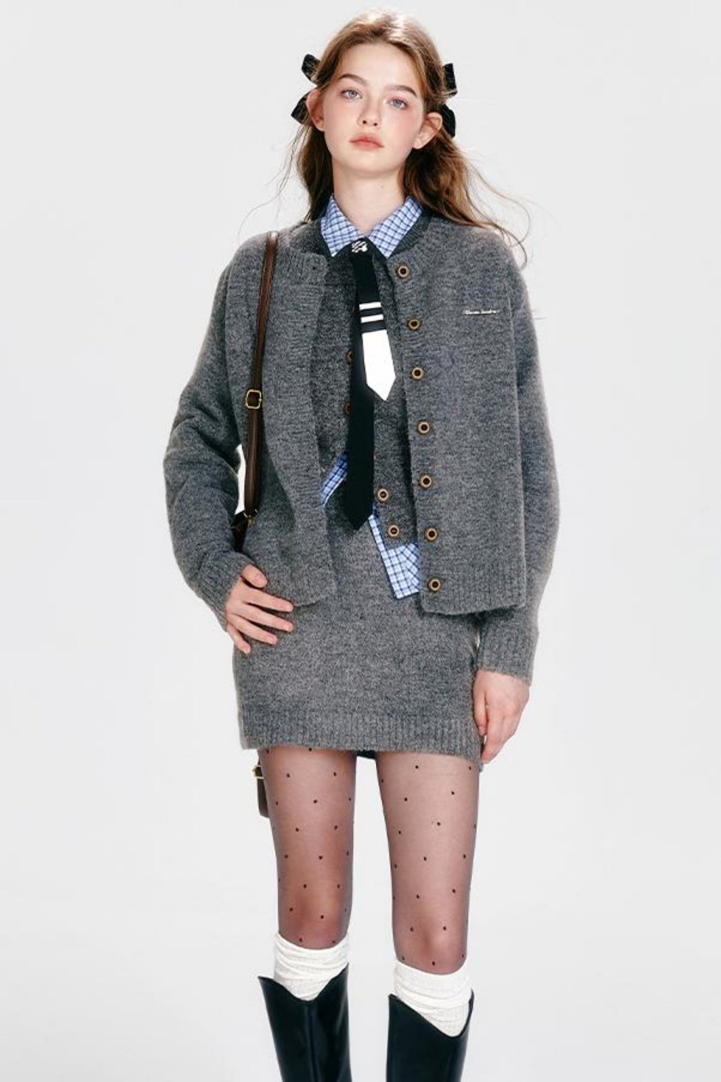 Vest Zip Knit + Skirt Chic Cardigan Tight