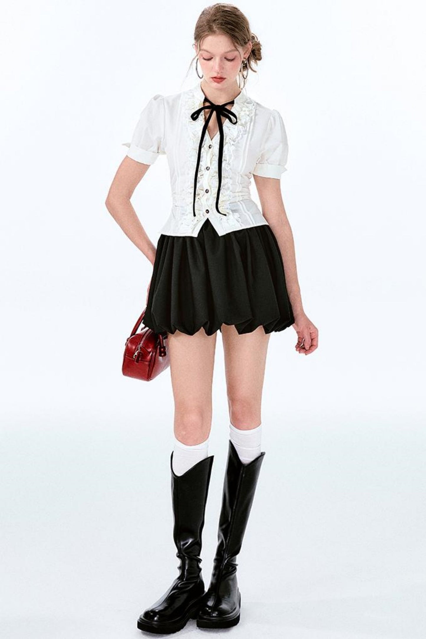 Ärmel Charm Puff Taille Ballon Schleife Shirt Rock +