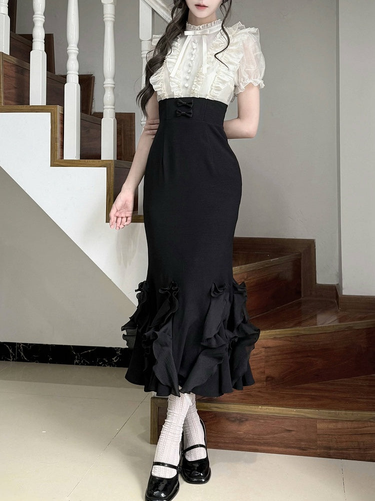 Two Fake Dress Skirt Design Waist Pieces Mermaid Boned and Black Lolita Blouse Beige Elegant
