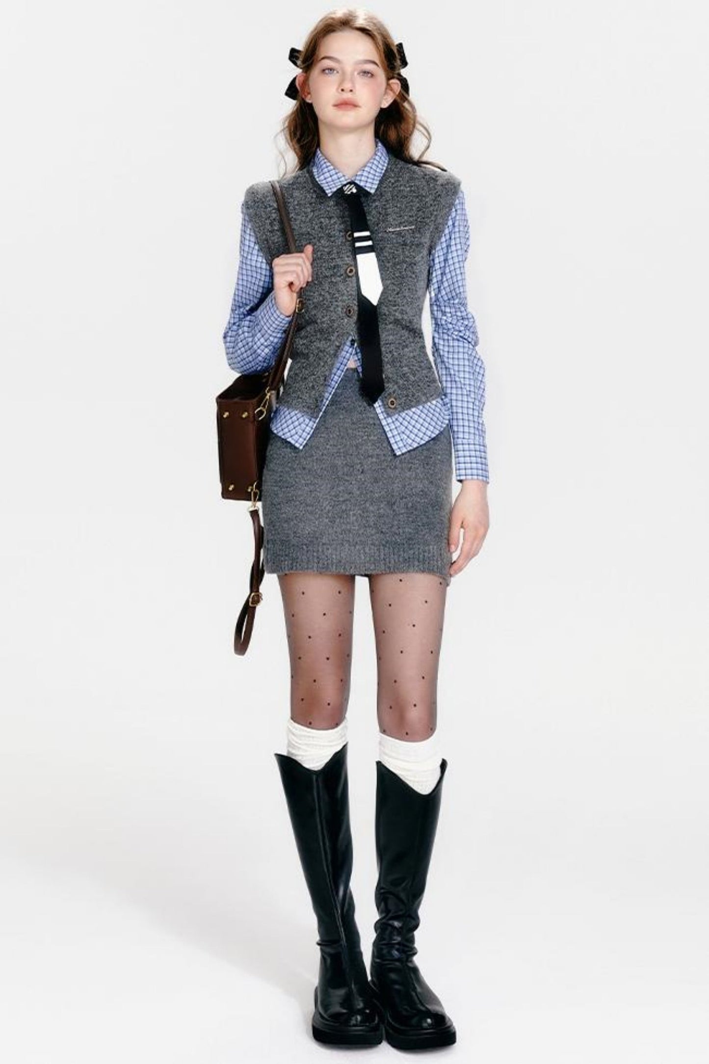 Vest Zip Knit + Skirt Chic Cardigan Tight