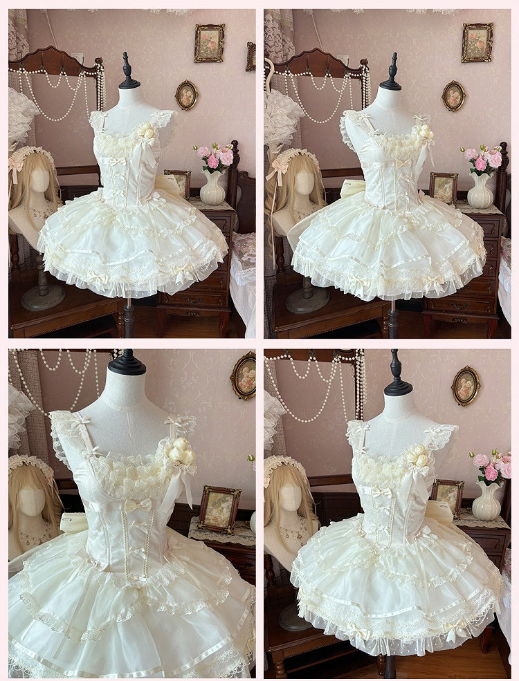 Beige Flutter Sleeves Bowknots Dress Bodice JSK on Balletcore Sweet Lolita Puffy
