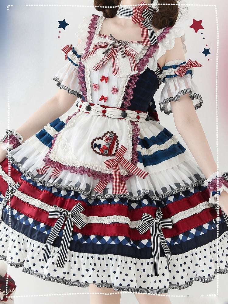 Sweet Bow Skirt Accents Dark Tiered JSK Lolita Full Blue Blueberry Red Set and Cake