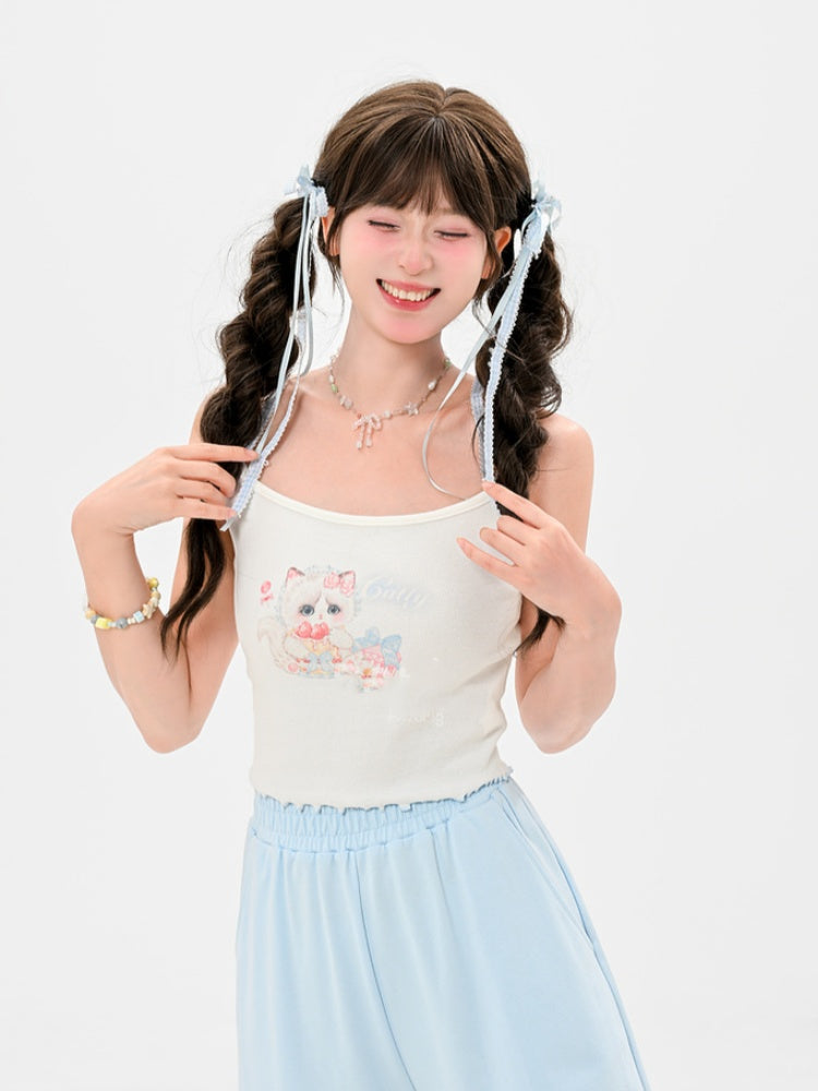 Hem White Scoop Neckline Cat Print Lettuce Cami Top