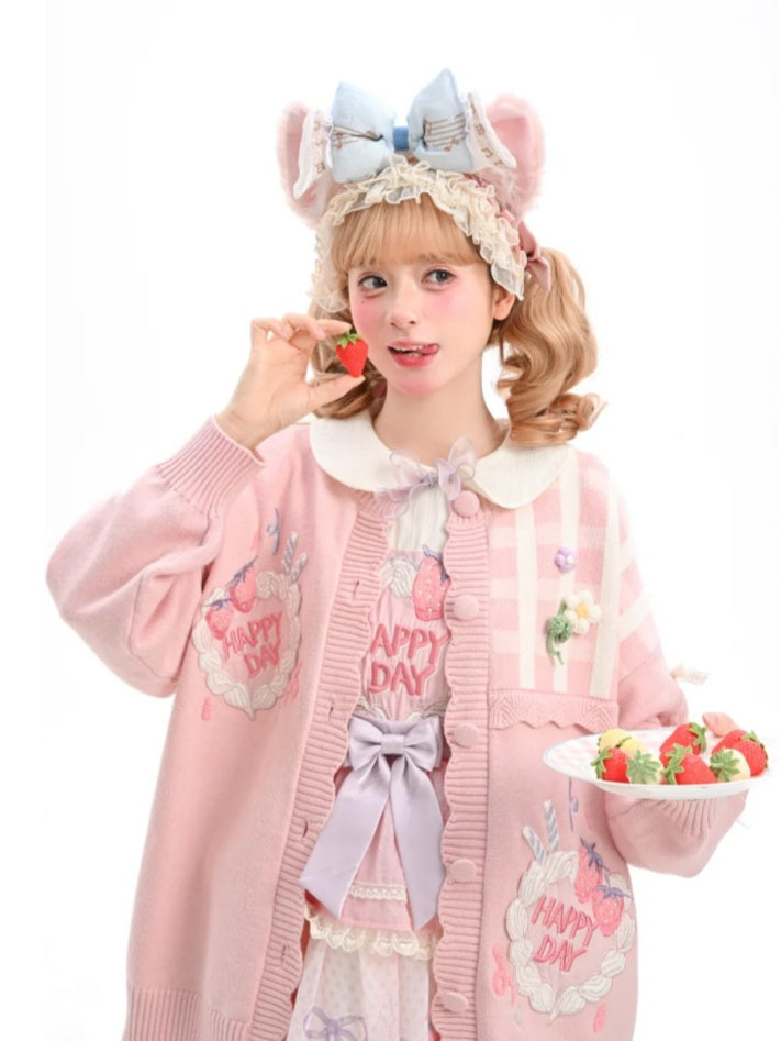 Yume Bowknots Strawberry Cake Embroidery Kawaii Lace Pink Knitted Cardigan