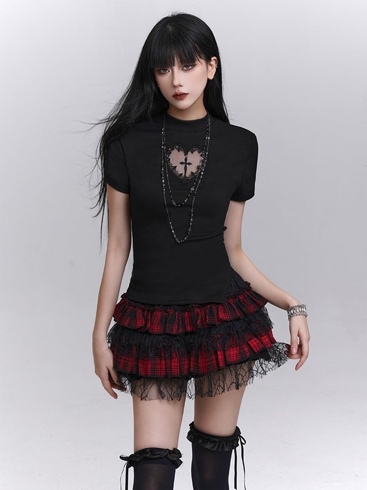 Print T-shirt Black Mock Neck Heart-shaped Cutout Cross