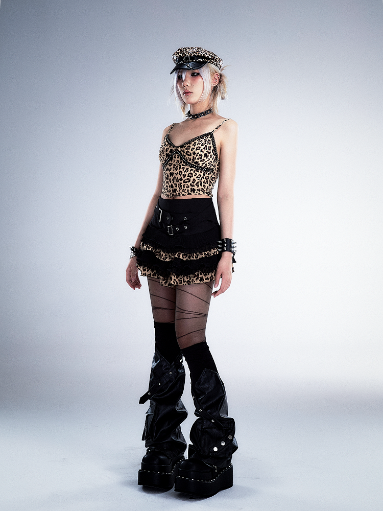 Criss-cross-Taillengürtel Schwarzer Leoparden-Punk-Spitzen-Stufen-Minirock