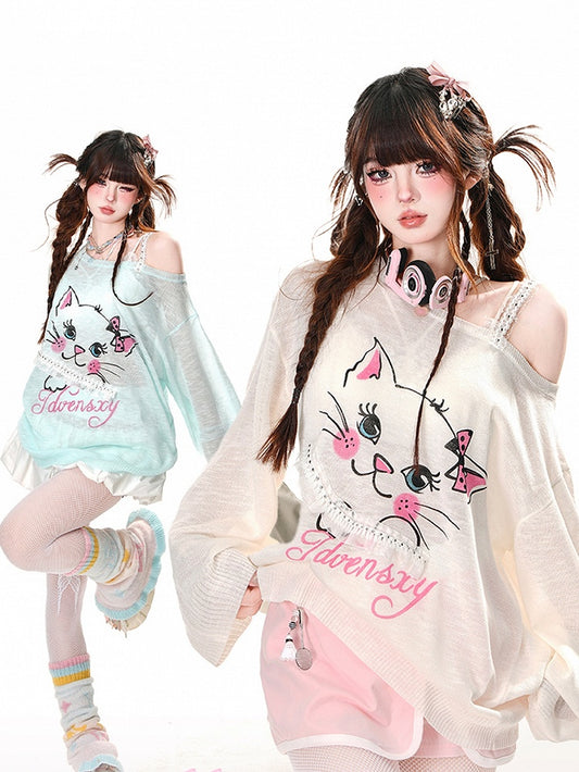 Asymmetrical Neckline Kitty Print Sun Protection Top White/Blue Semi-sheer