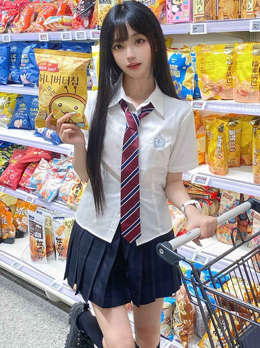 Badge Embroidered Preppy Uniform Sleeves Style JK White Short Shirt