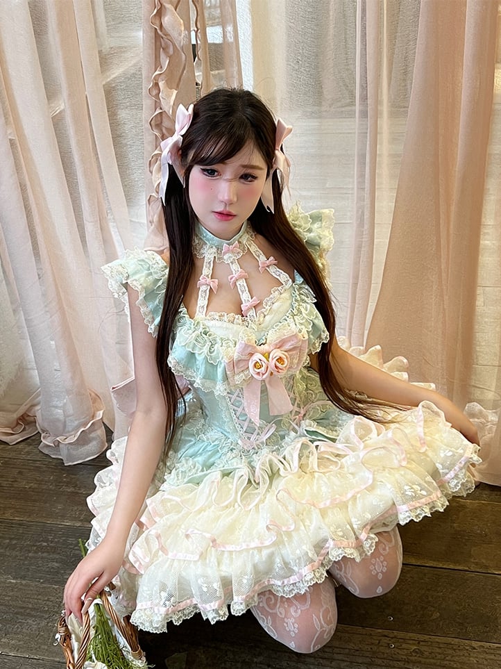 Tiered Skirt Halter Kei Fairy Ruffles Neck Corset Lace Princess Dress Waist Mint Green