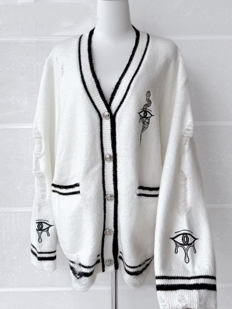 with Eye and Snake Embroidery Distressed Holes Knit Cardigan White
