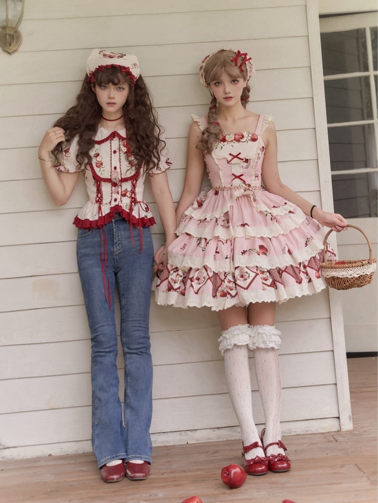 Knielanger Lolita-Rock mit gestuftem Saum und rosa Apfel-Print