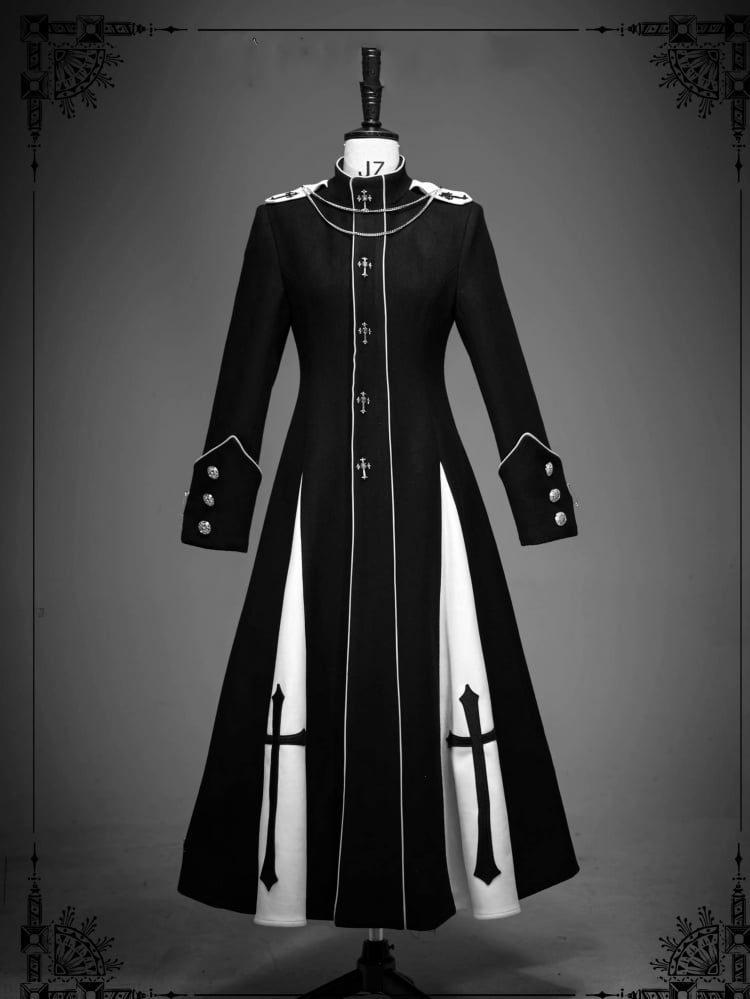 Schwarz-weißer Gothic-Wollmantel mit hohem Kragen
