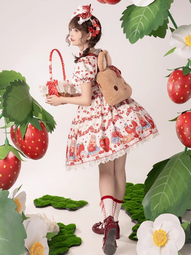 春のイチゴとウサギのプリントレーストリムリボンアクセントベージュスイートドレスロリータワンピース