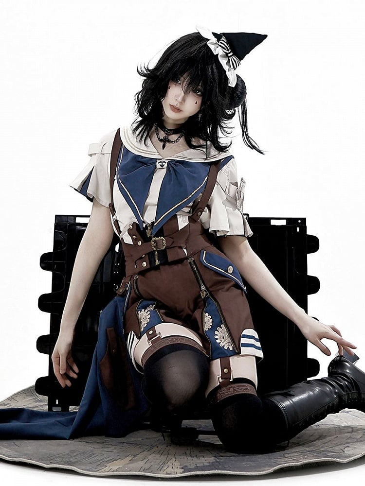Train Shirt Blue Sailor Overall + Collar Shorts Ouji Steampunk Striped Brown Outfit Lolita -