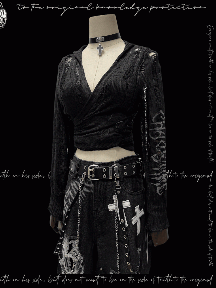 Strap Punk Black Distressed Holes with Hooded Cardigan Glamorous Self-tie