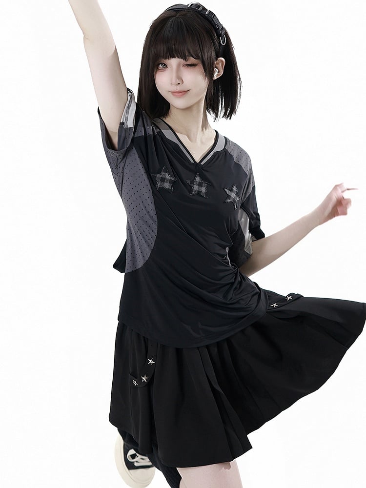 T-shirt Star Appliques V-neck Sports Colorblock Design Plaid Black/Gray