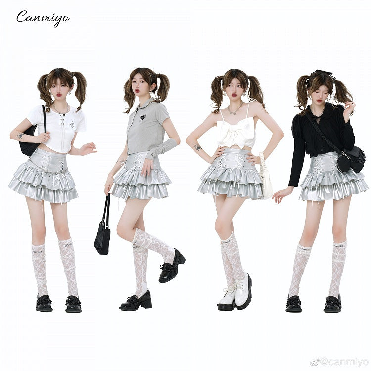 Stufenrock Leder PU Silber High Waist