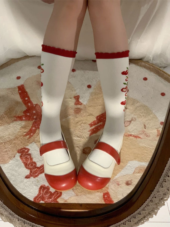 Süße flache Klettschuhe Riemen Bär Beige Details Lolita Rote Verschlüsse