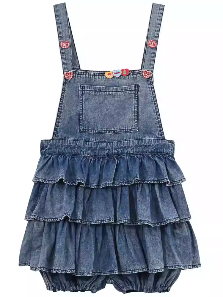 Overalls Lined Blue Tiered Ruffles Distressed Denim Design