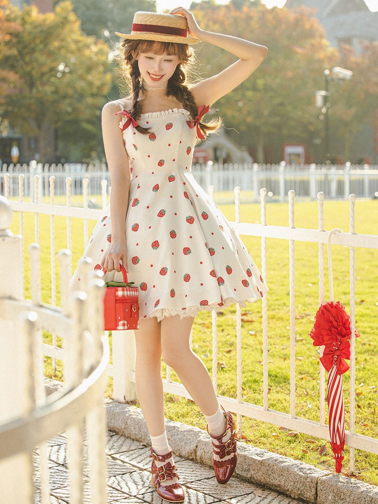 and White JSK Sweet Dress Polka Dots Summer Lolita Strawberry Sun Print