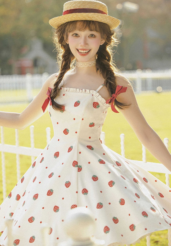 and White JSK Sweet Dress Polka Dots Summer Lolita Strawberry Sun Print