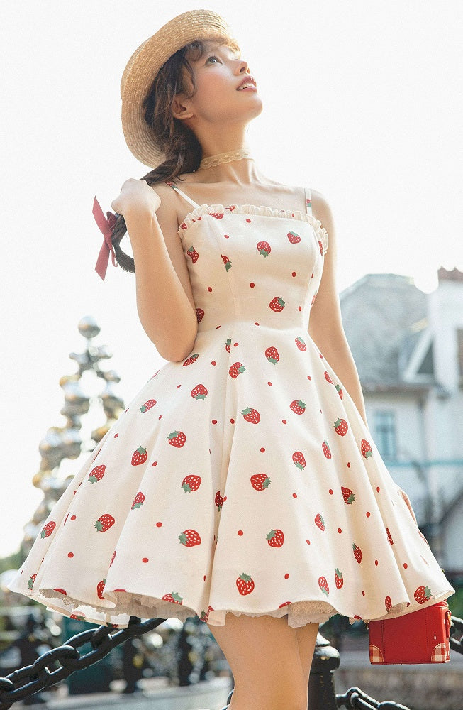 and White JSK Sweet Dress Polka Dots Summer Lolita Strawberry Sun Print