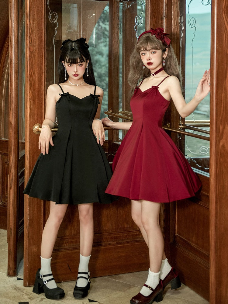 Black Waist Spaghetti Slim Straps Dress Fit Elegant