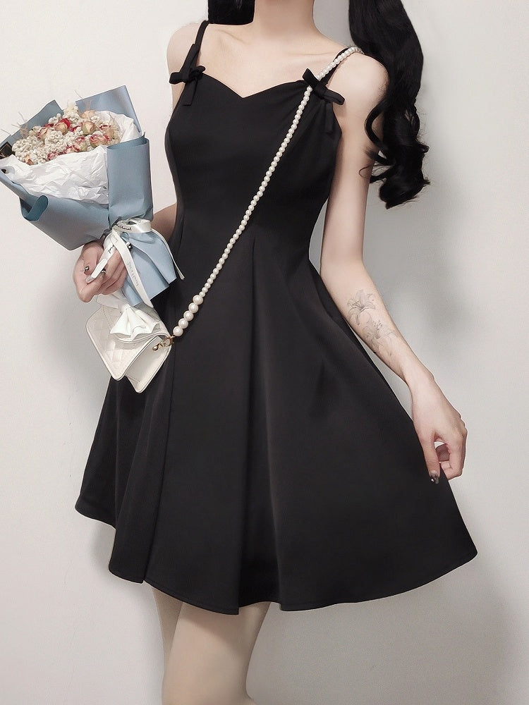 Black Waist Spaghetti Slim Straps Dress Fit Elegant