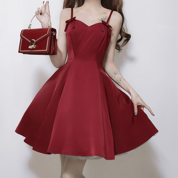 Spaghetti Waist Straps Elegant Dress Fit Red Slim
