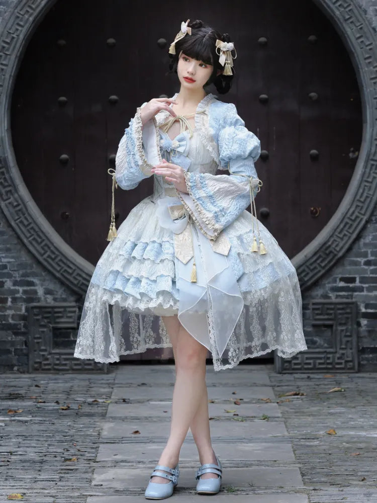 Baskenblaues, abnehmbares Lolita-Hals-Qi-Neckholder-Kleid mit gestuftem Rock und Taille