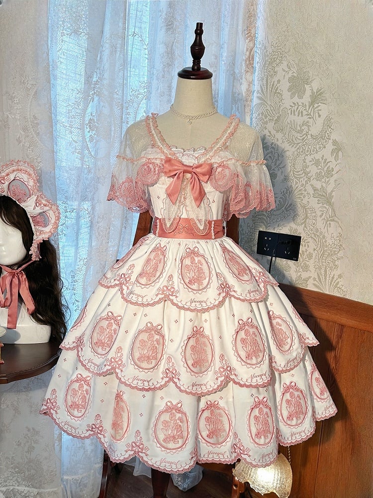 White Backless Pink Edge Scalloped Elegant Embroidery Lolita Tiered Dress Tulip Skirt and