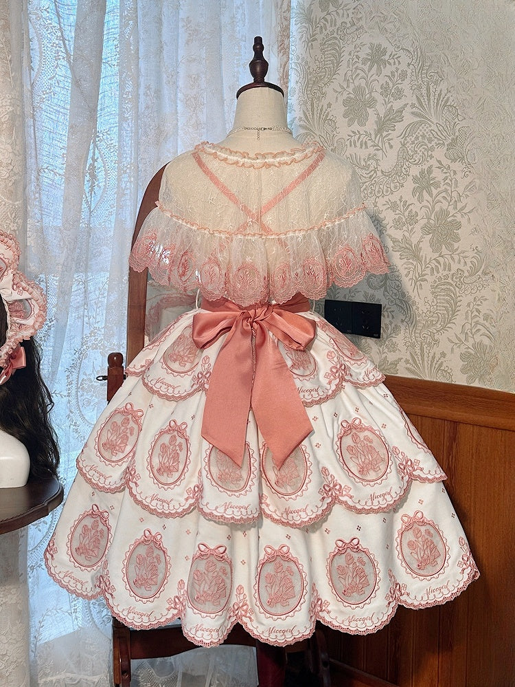 White Backless Pink Edge Scalloped Elegant Embroidery Lolita Tiered Dress Tulip Skirt and