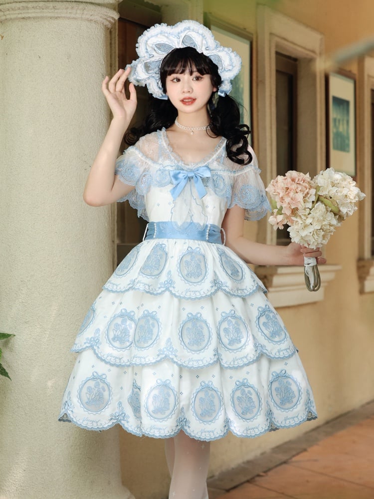 Tulip Scalloped Edge Tiered Skirt White and Blue Elegant Lolita Backless Dress