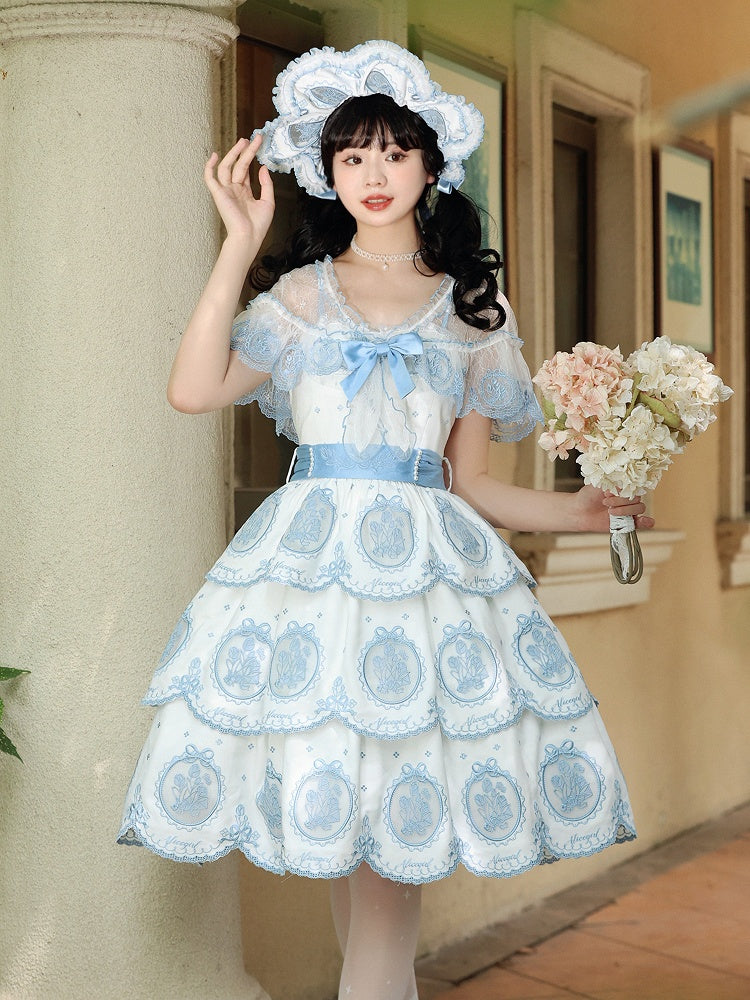 Scalloped Blue Skirt Lolita Edge White Backless Tulip and Dress Tiered Embroidery Elegant