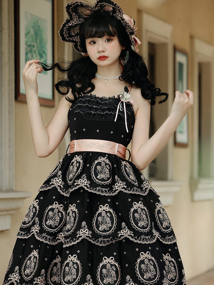 Embroidery Dress Skirt Lolita Elegant Scalloped Tiered Tulip Edge Backless and Black Gold