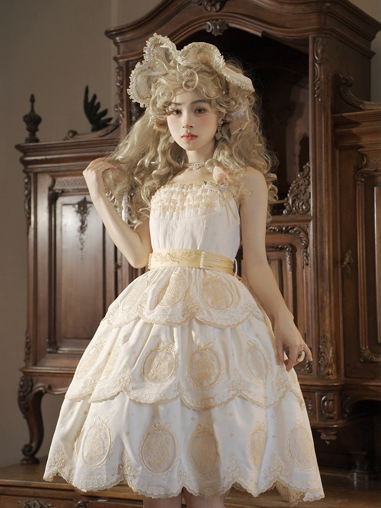 Edge Tulip and Tiered Gold Backless Elegant Scalloped White Skirt Dress Lolita Embroidery