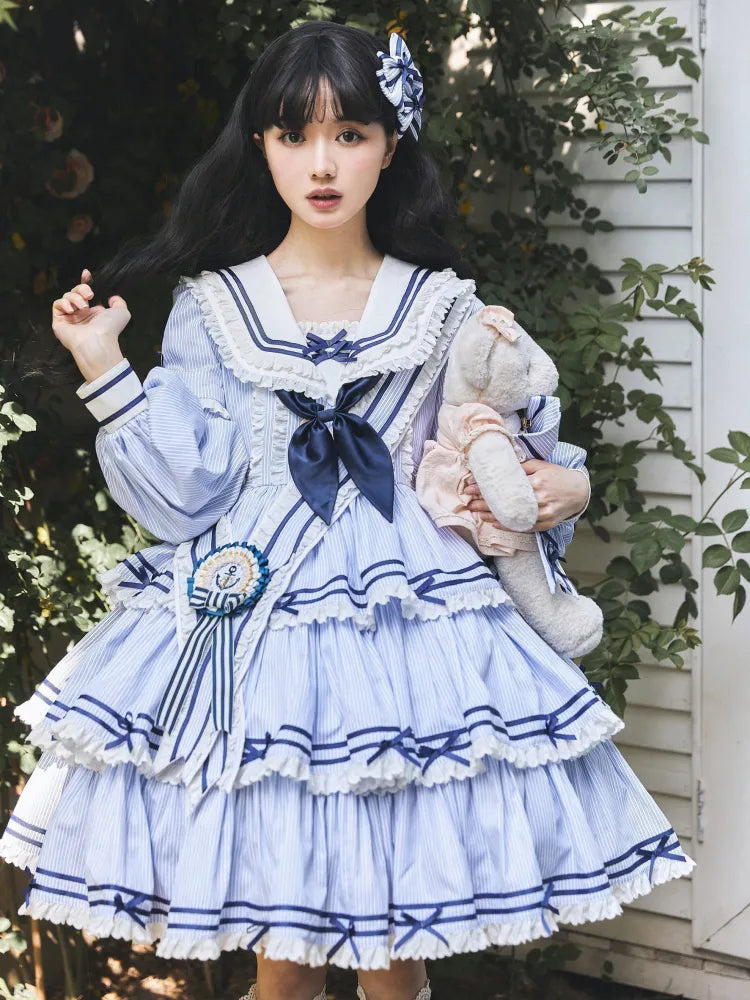 Sailor Striped OP Set Skirt Summer Full Lolita Pattern Dress Blue Tiered