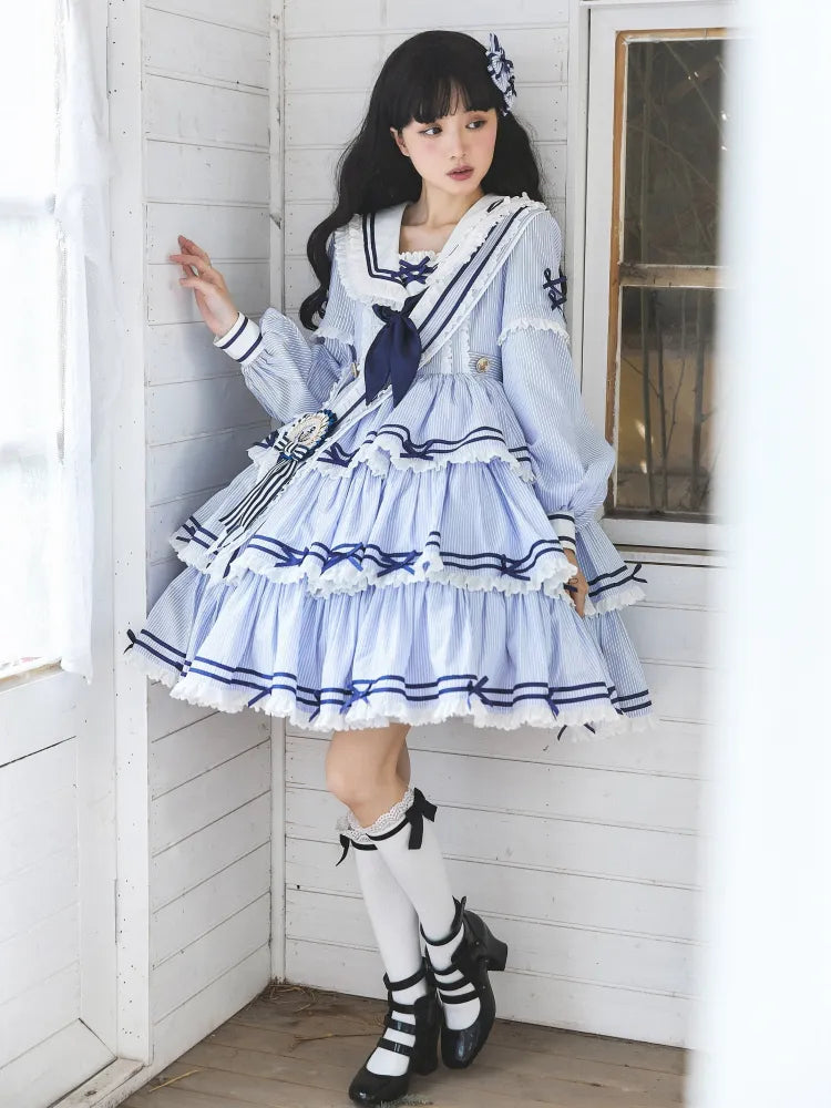 Sailor Striped OP Set Skirt Summer Full Lolita Pattern Dress Blue Tiered