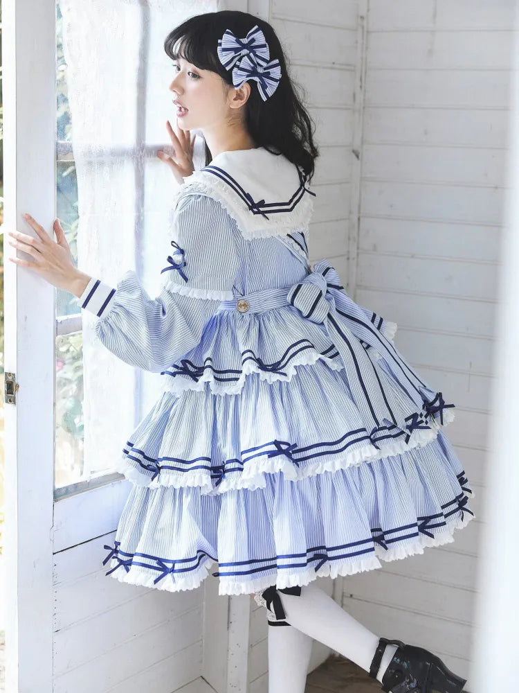 Sailor Striped OP Set Skirt Summer Full Lolita Pattern Dress Blue Tiered
