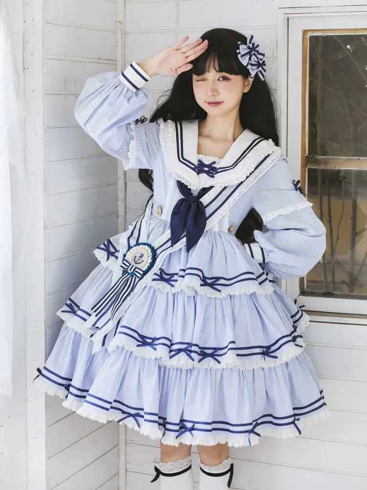 Sailor Striped OP Set Skirt Summer Full Lolita Pattern Dress Blue Tiered