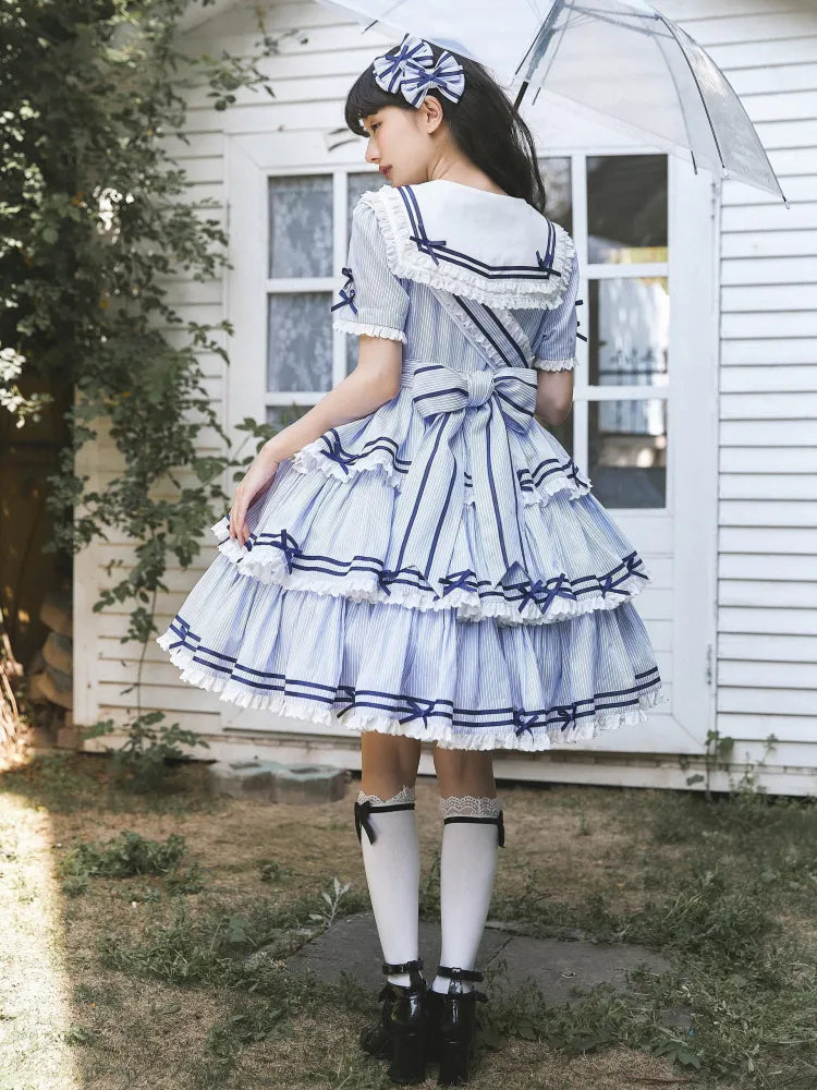 Sailor Striped OP Set Skirt Summer Full Lolita Pattern Dress Blue Tiered
