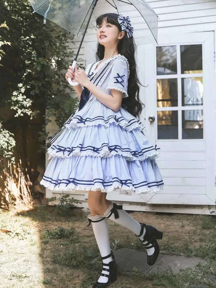 Sailor Striped OP Set Skirt Summer Full Lolita Pattern Dress Blue Tiered