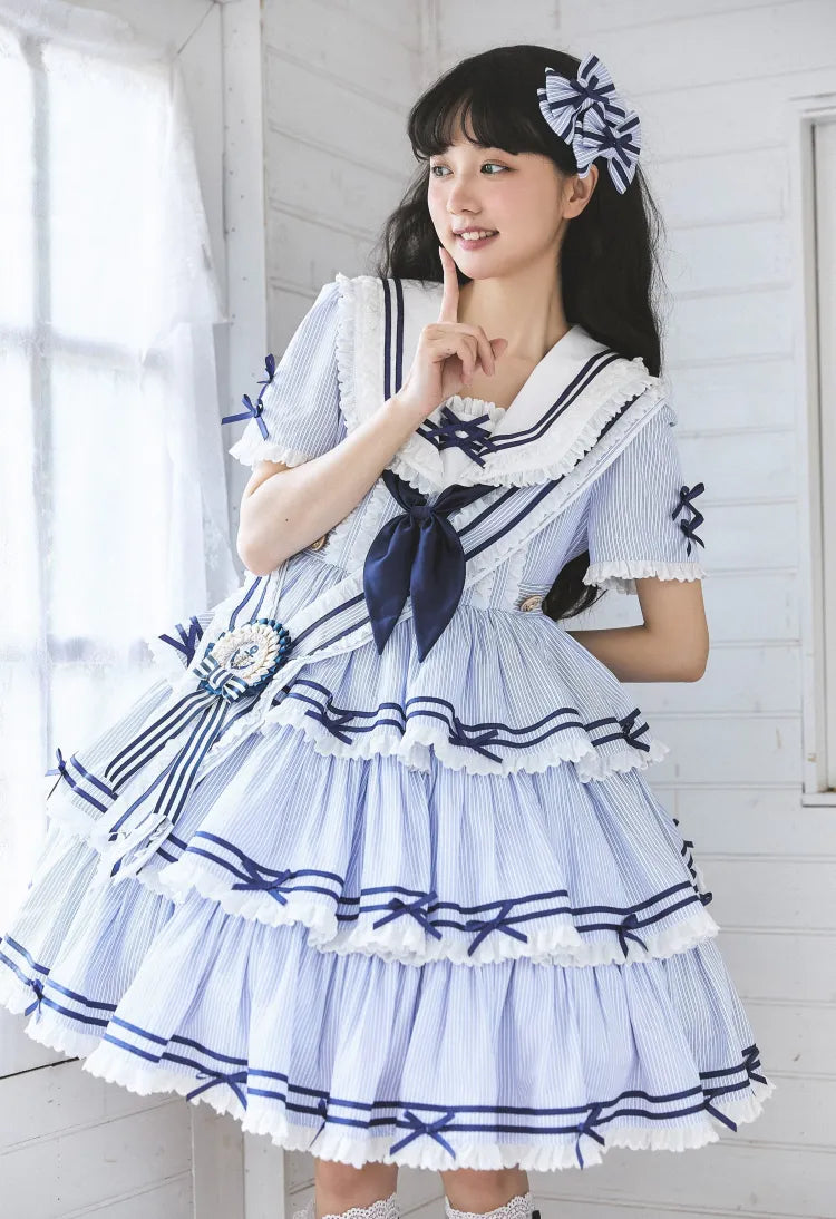 Sailor Striped OP Set Skirt Summer Full Lolita Pattern Dress Blue Tiered
