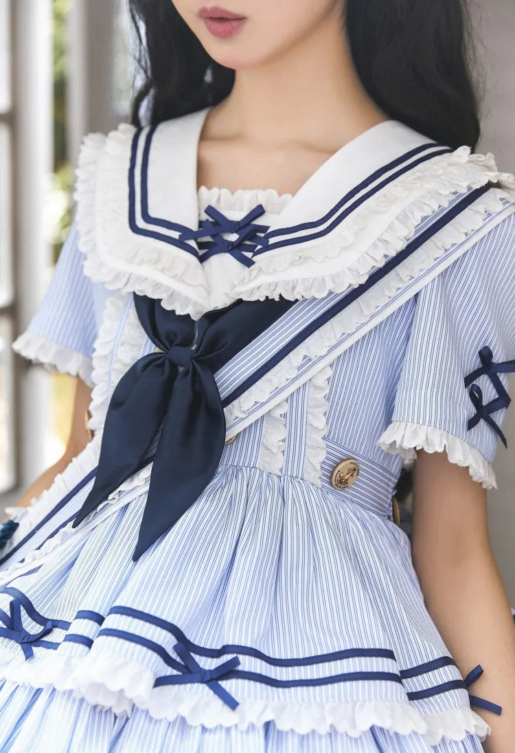 Sailor Striped OP Set Skirt Summer Full Lolita Pattern Dress Blue Tiered
