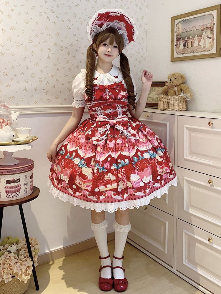 Sweet and Strawberry Print Lolita Dessert Dress Red