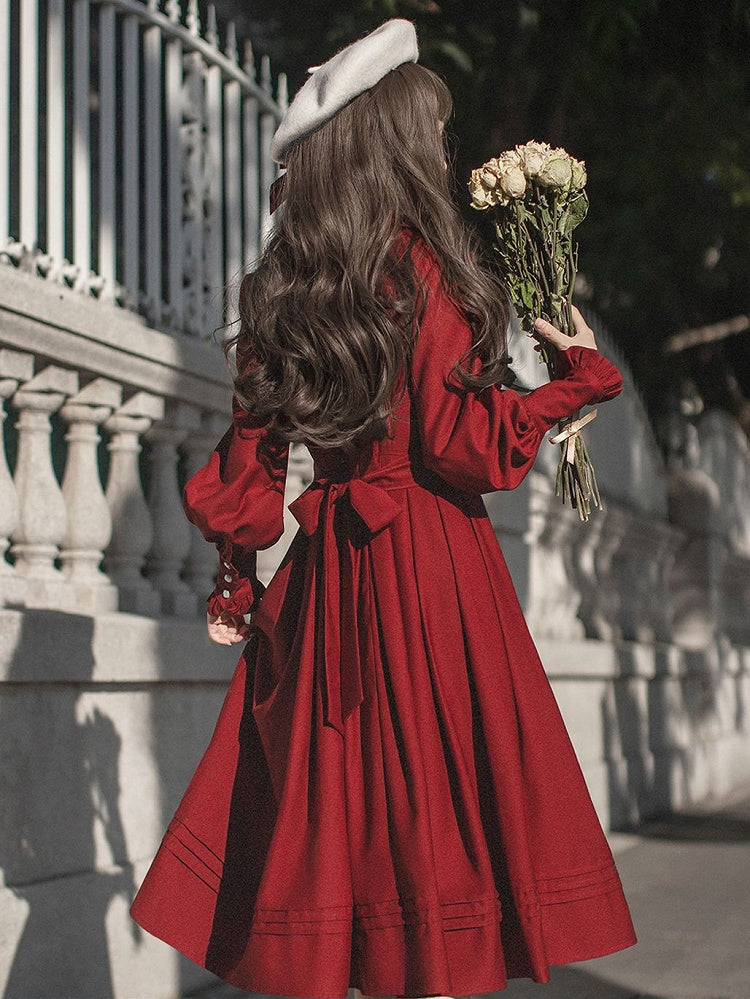 Ruffle Vintage Red Bishop Neckline Wine Dress Sleeves