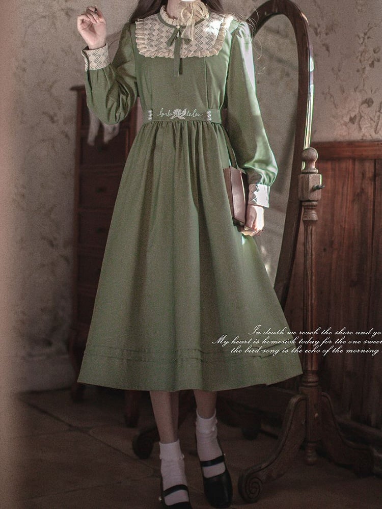 Rüschen Floral Vintage Ausschnitt Kleid Grün Stickerei Matcha mit