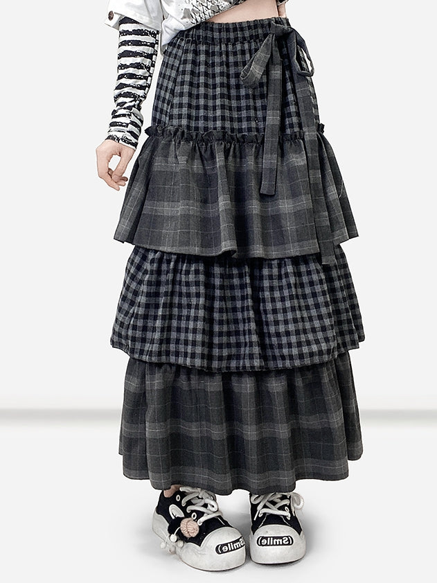 Self-tie Dark Strap Tiered Plaid Gray Pattern Skirt Bittersweet